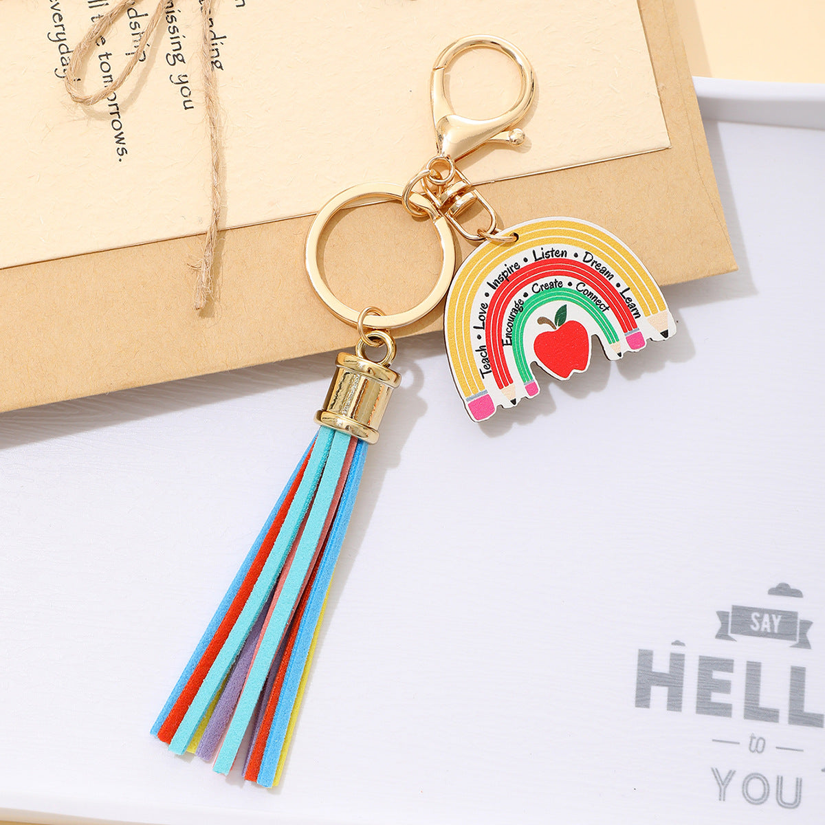 Wholesale Pencil Rainbow American Independence Day Ice Cream Wooden Tassel Keychain